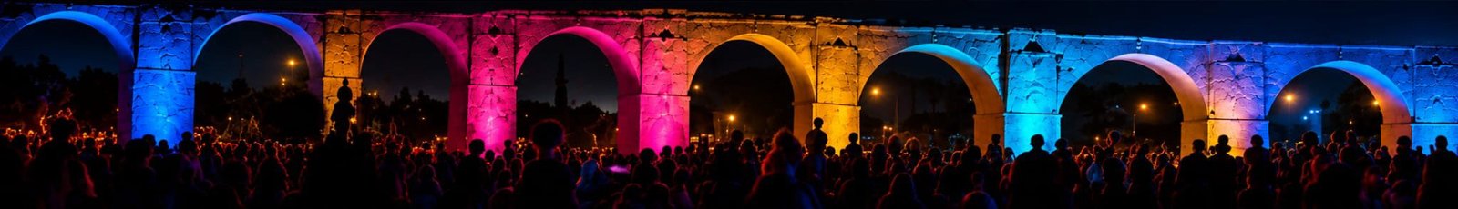 Público em silhueta diante dos arcos do aqueduto iluminados de azul, rosa e laranja